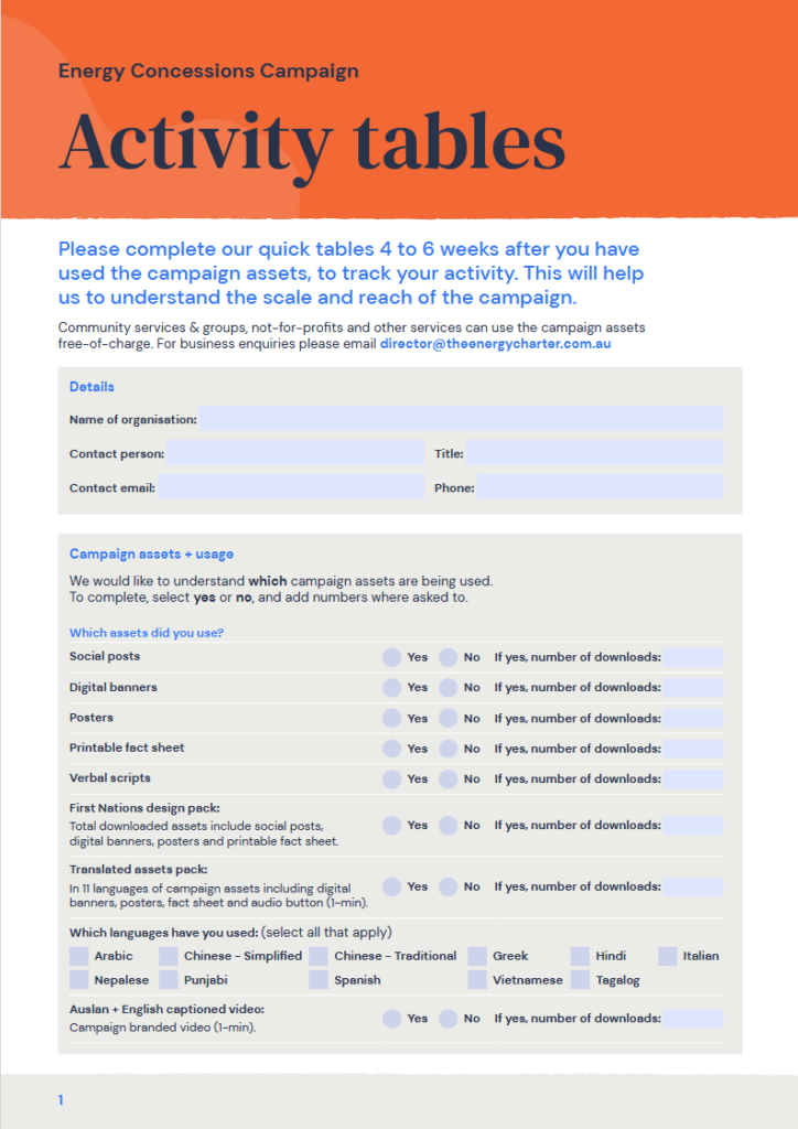 Energy Concessions Campaign Activity tables